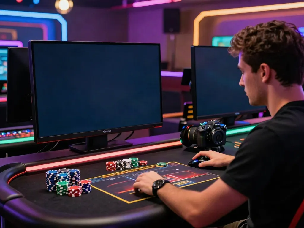 Engaging scene of a player at the best non GamStop casinos UK enjoying an online casino game with vibrant LED lights.