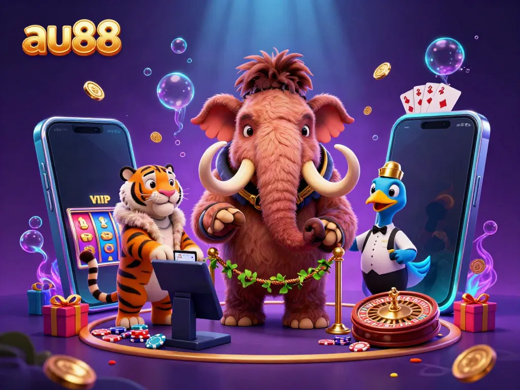 Join the excitement at au88 as a cartoon mammoth checks IDs for VIP guests amidst casino games.
