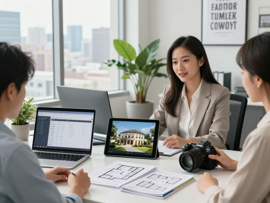 IDXSTAR real estate agent assisting clients with property listings in a modern office setting.