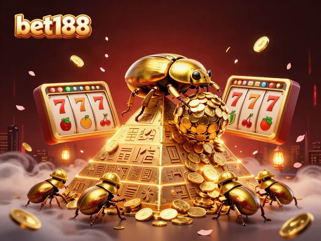 Experience the thrill of bet188 with golden beetles, coins, and dynamic casino symbols.