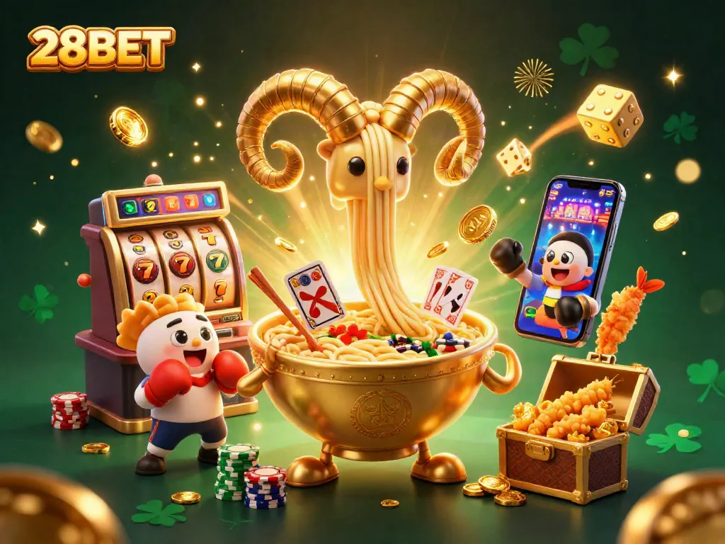 Engaging 28BET scene with a golden ramen bowl dealer surrounded by vibrant casino elements.