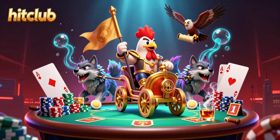 Hitclub showcases thrilling poker action with a cartoon rooster warlord leading a dynamic game.