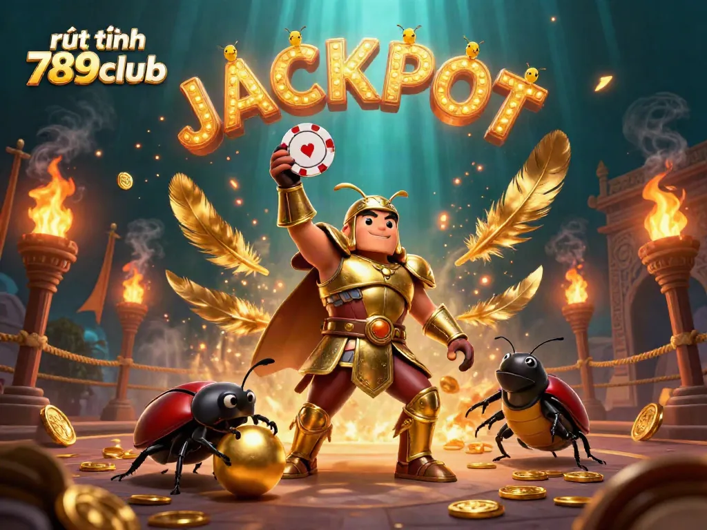 Experience thrilling moments with rút tiền 789club as the victorious beetle shows off its poker chip in a vibrant casino scene.