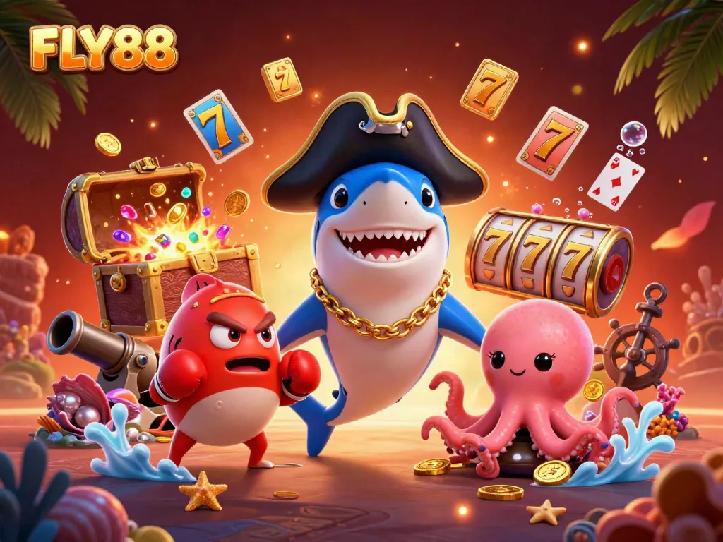 Engage with FLY88's vibrant gambling world through an exciting 3D illustration featuring a playful shark, pufferfish, and octopus amidst casino elements.