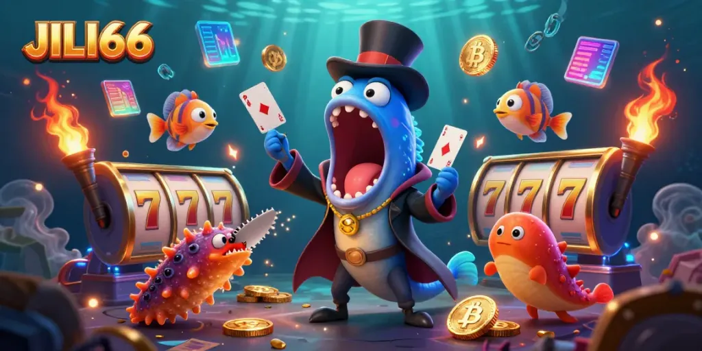 Join JILI66's underwater magic show with a gulper eel, anglerfish, and sea cucumber in a vibrant casino scene.