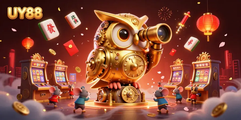 UY88 unveils a lively scene in a casino with a clockwork owl and vibrant elements.