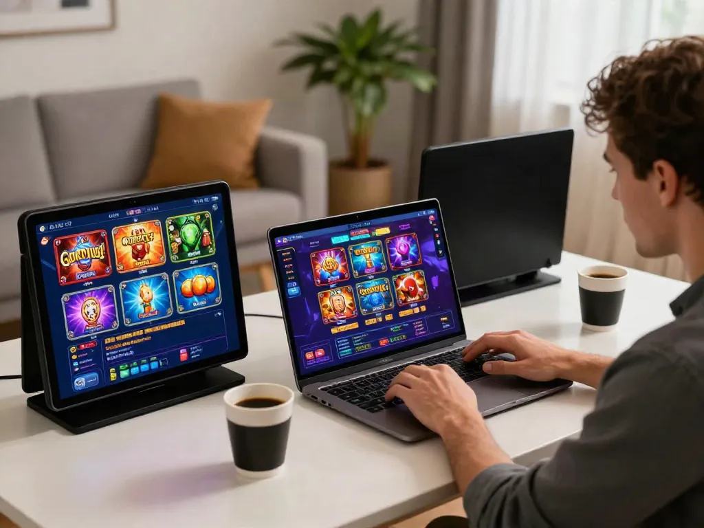 Enjoying the best non gamstop casinos UK on a laptop with vibrant graphics in a cozy setting.