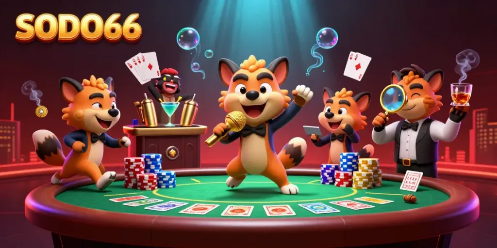 SODO66 showcases a vibrant comedy casino scene featuring hyenas as characters in a dynamic setting.