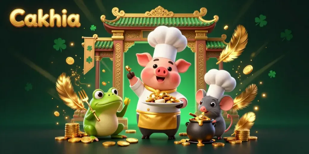 Cakhia features a chef pig serving gold coins amidst vibrant casino elements, showcasing a unique gambling atmosphere.