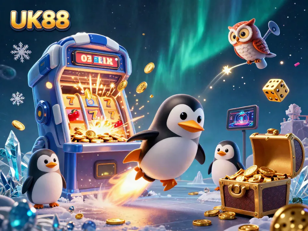 Experience the thrilling adventure at UK88 with a golden penguin, jackpot slots, and cosmic elements.