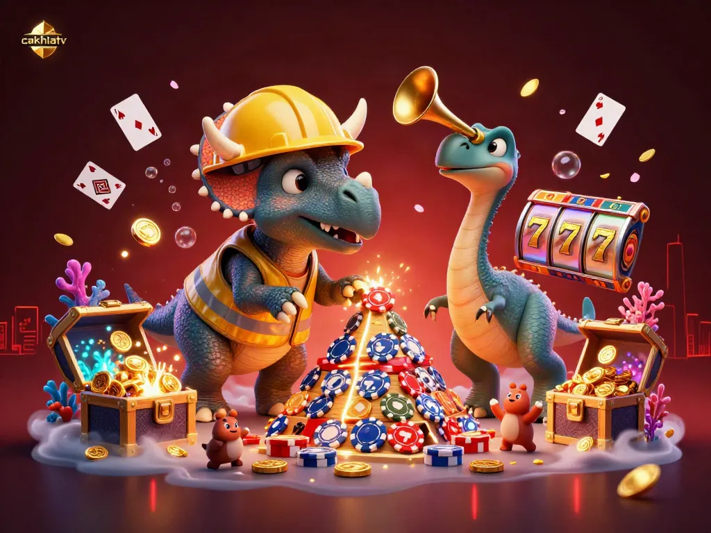 Cakhiatv showcases a lively cartoon scene with colorful poker chips and slot reels, celebrating gambling wins.