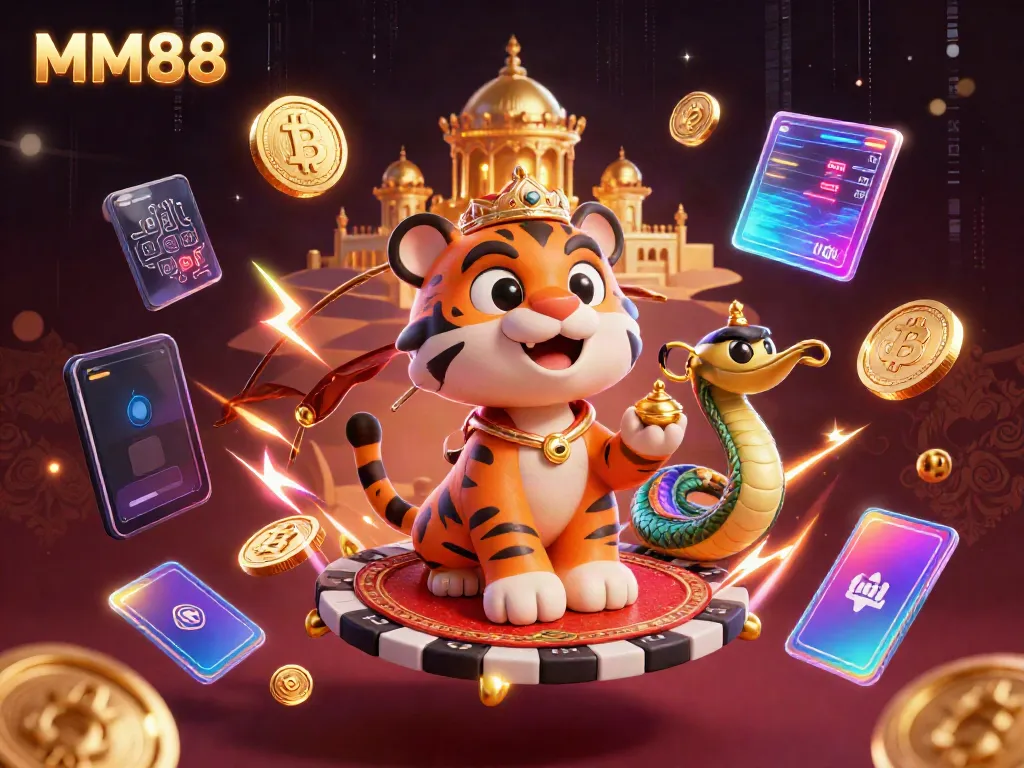 MM88 brings excitement with a cartoon sultan, crypto coins, and vibrant casino elements.