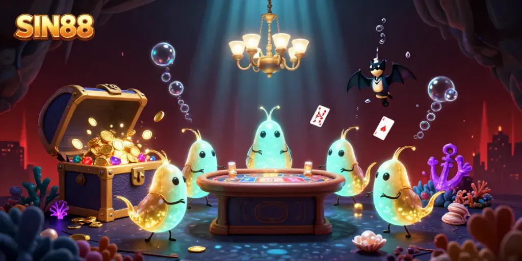 Experience the excitement of gaming at SIN88 with vibrant glowworms illuminating a vibrant cave casino.