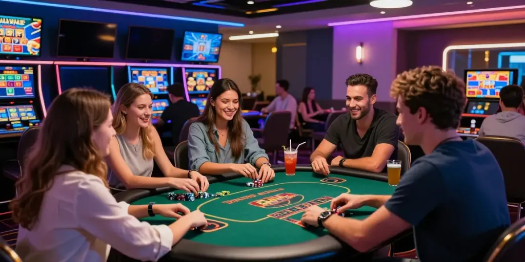 Exciting scene of friends enjoying the best non gamstop casinos uk with engaging games and vibrant atmosphere.