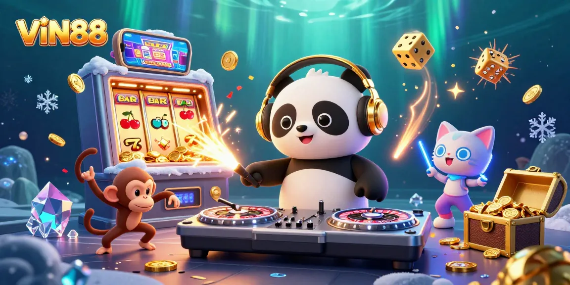 Experience excitement with VIN88’s vibrant casino scene featuring 3D characters and dynamic game elements.
