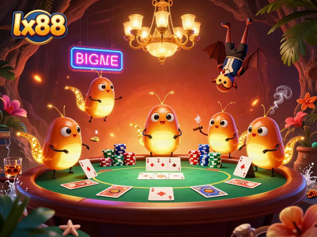 lx88 showcases vibrant glowworms illuminating a casino scene with poker tables and chips.