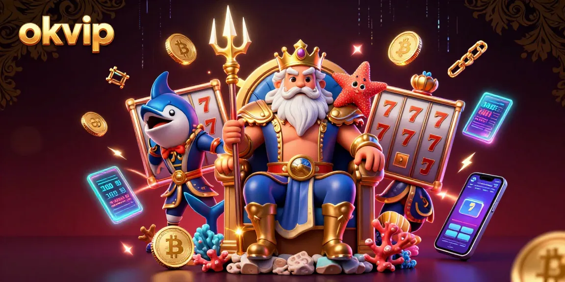 Engage with okvip's vibrant casino scene featuring Neptune, crypto coins, and slot game elements.