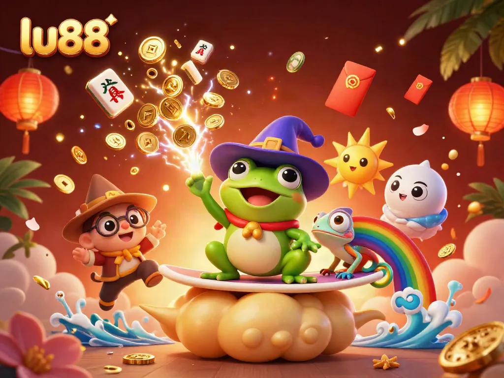 Win big at LU88 with golden coins and vibrant gaming elements swirling around a cartoon wizard and chameleon.