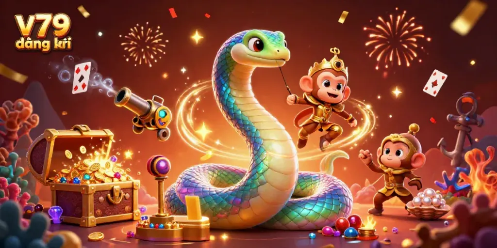 Experience the thrill with v79 đăng ký as the vibrant rainbow serpent and monkey king celebrate in this dynamic casino scene.