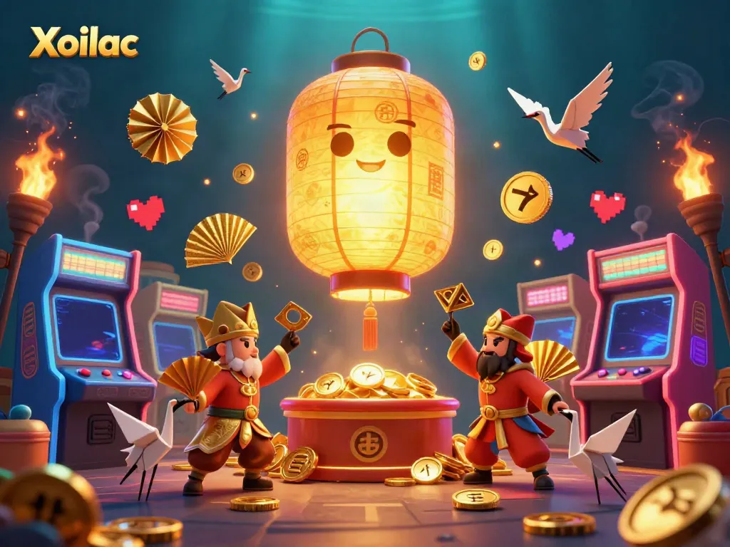 Engage with Xoilac's vibrant night casino scene filled with golden lantern and game machines.