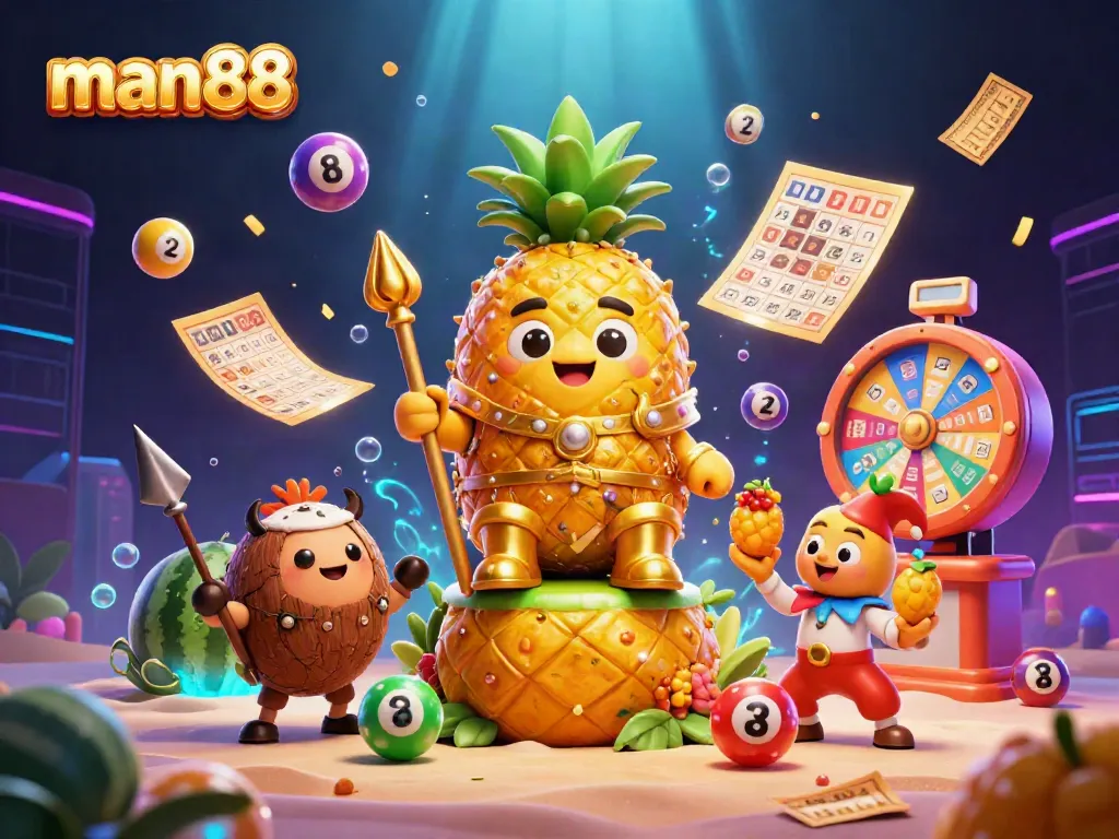 Experience the vibrant excitement of man88's beach casino featuring a golden pineapple king and dynamic casino elements.