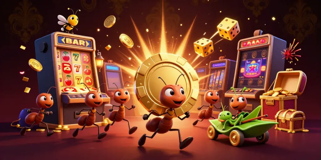 Log masuk mega888 illustrated scene with cartoon ants navigating casino challenges.
