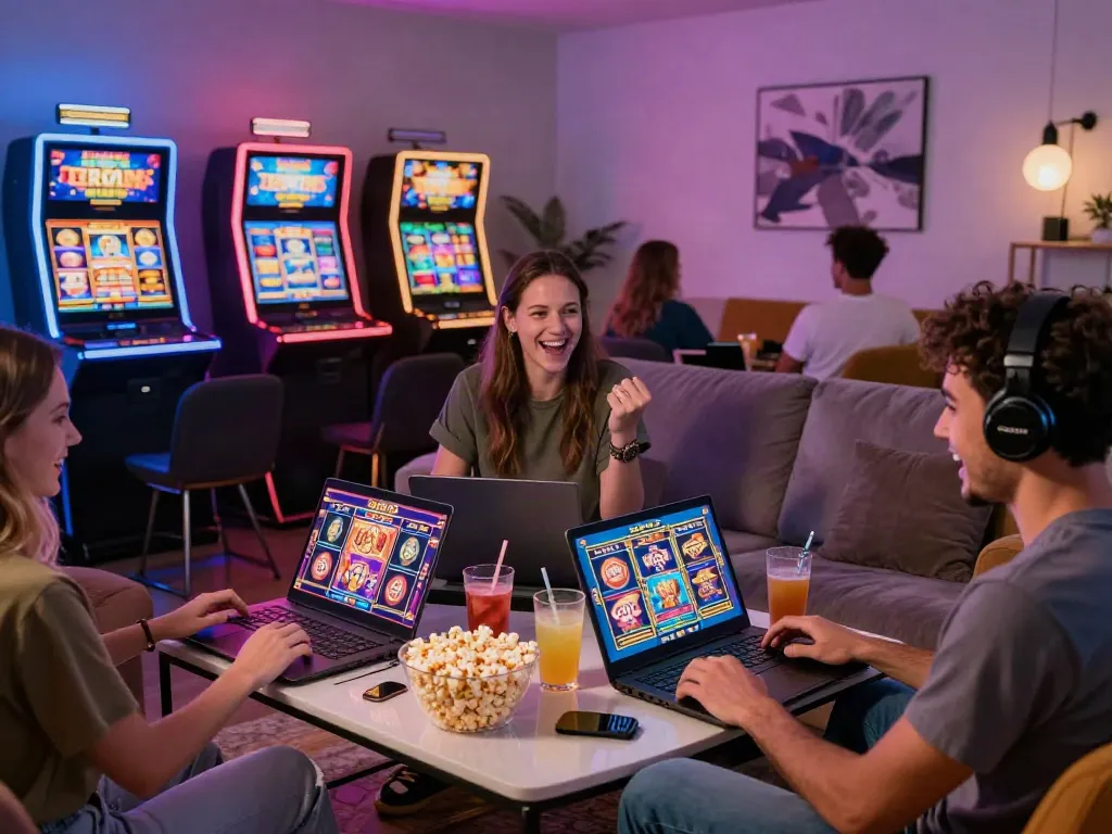 Exciting scene of players enjoying the best non gamstop casinos uk with vibrant slot machine graphics.