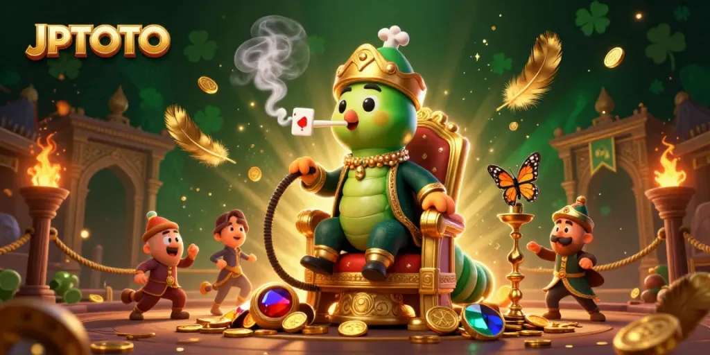 Betting on JPTOTO with a colorful 3D illustration of a caterpillar hookah-master in a casino setting.