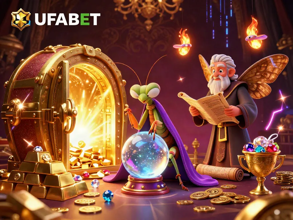 Experience UFABET's magic with a mystical fortune teller and golden treasures in this vibrant 3D scene.