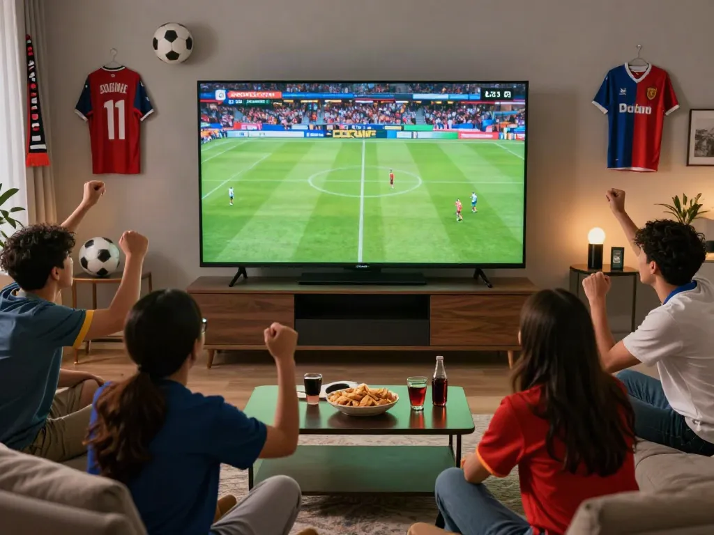 Friends enjoying a thrilling football match on Socolive with snacks and drinks.