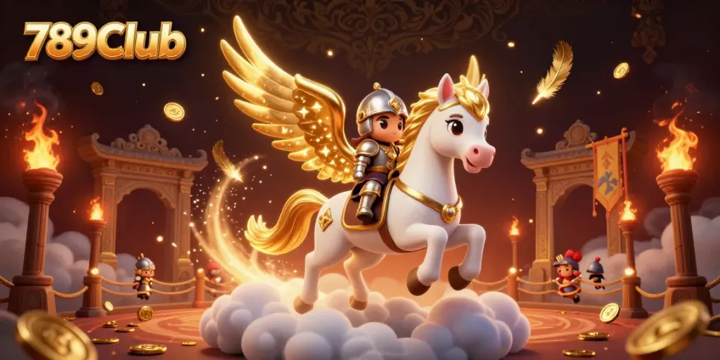 Join the adventure in 789Club with a heroic knight and celestial horse amidst a dazzling casino scene.