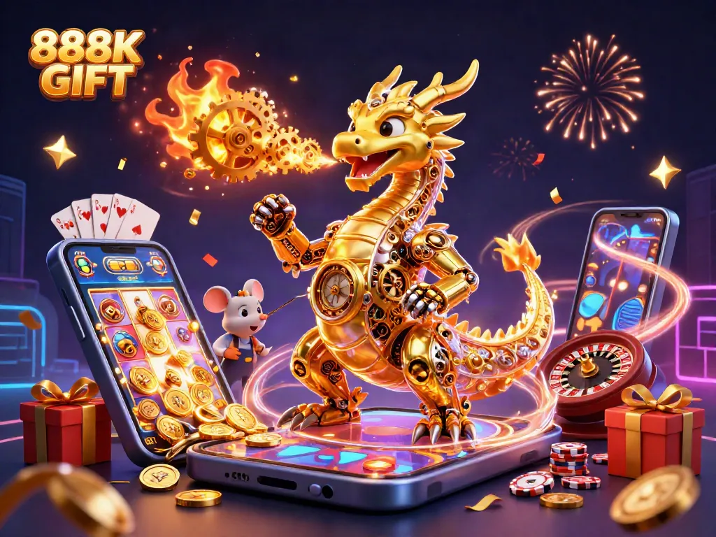 Engage with the vibrant 888K GIFT scene featuring a golden dragon and gaming elements.