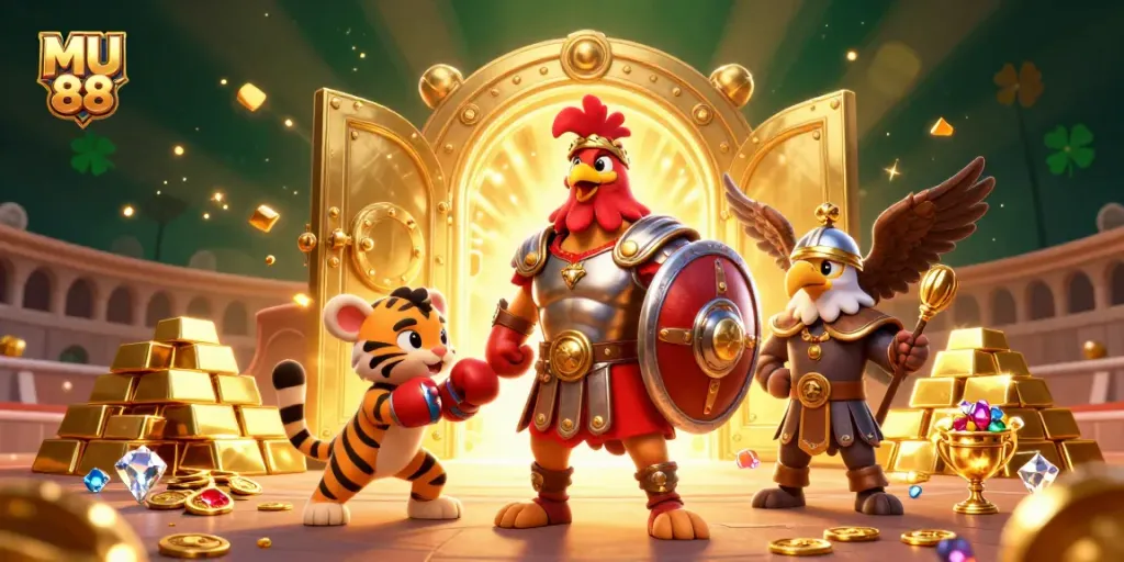 Engage with MU 88's thrilling casino atmosphere with a gladiator rooster, jewel treasures, and vibrant colors.
