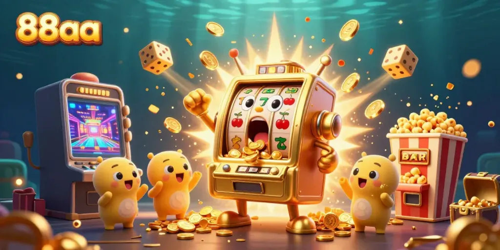 Experience the thrill of winning at 88aa with a dynamic illustration of a golden slot machine hitting a jackpot.