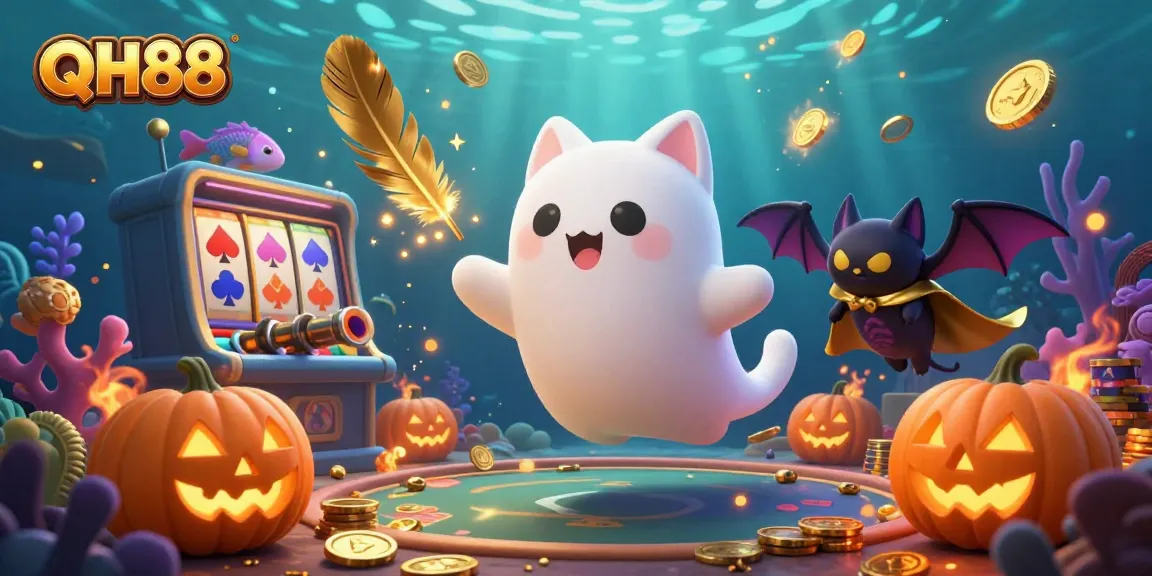 Engage in exciting gambling action with QH88's vibrant 3D illustration featuring underwater gaming elements.