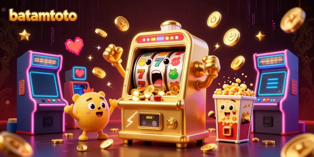 Spin the batamtoto slot machine as coins cascade, celebrating a big win with gold and arcade elements.