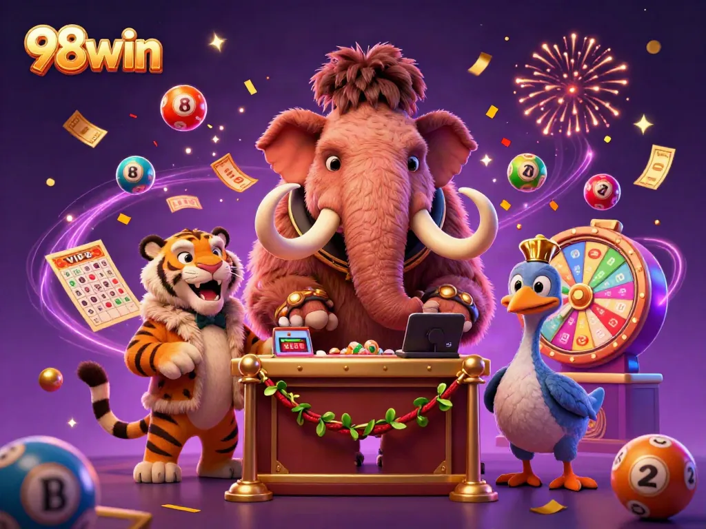 Engage with vibrant 98win casino scene featuring whimsical characters and lottery elements.