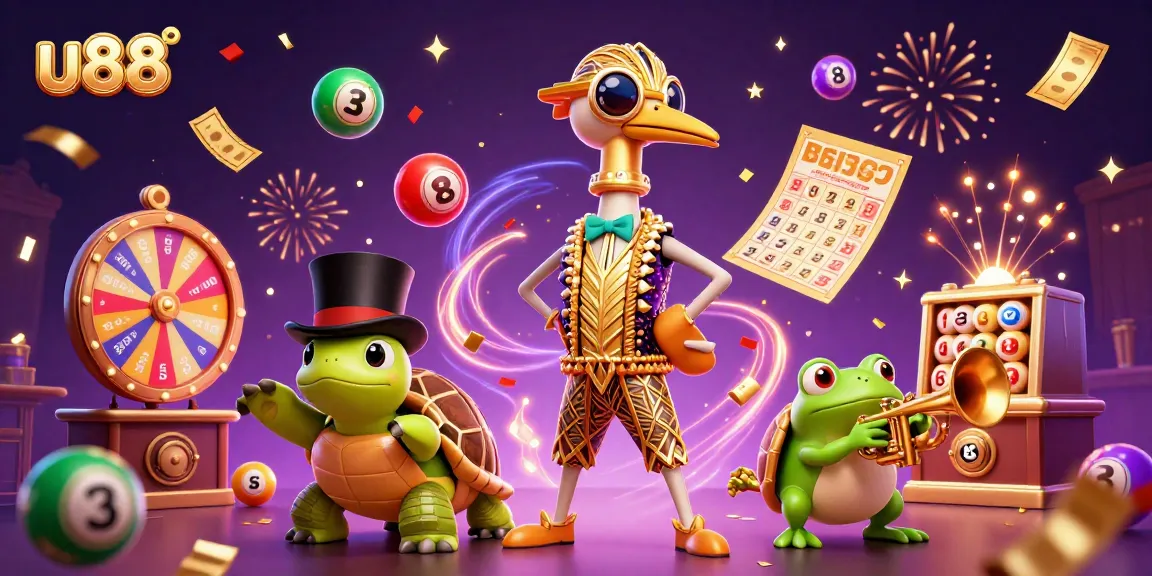 u88 players celebrating wins at a lively casino with vibrant game elements and characters