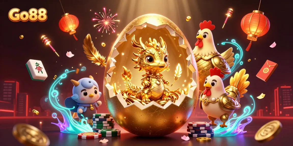 Experience thrilling wins with Go88's captivating gaming scene featuring a golden dragon and poker chips.