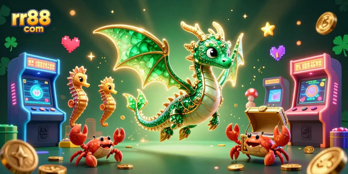 Engage with rr88 com's vibrant 3D casino illustration featuring magical sea creatures and arcade elements.