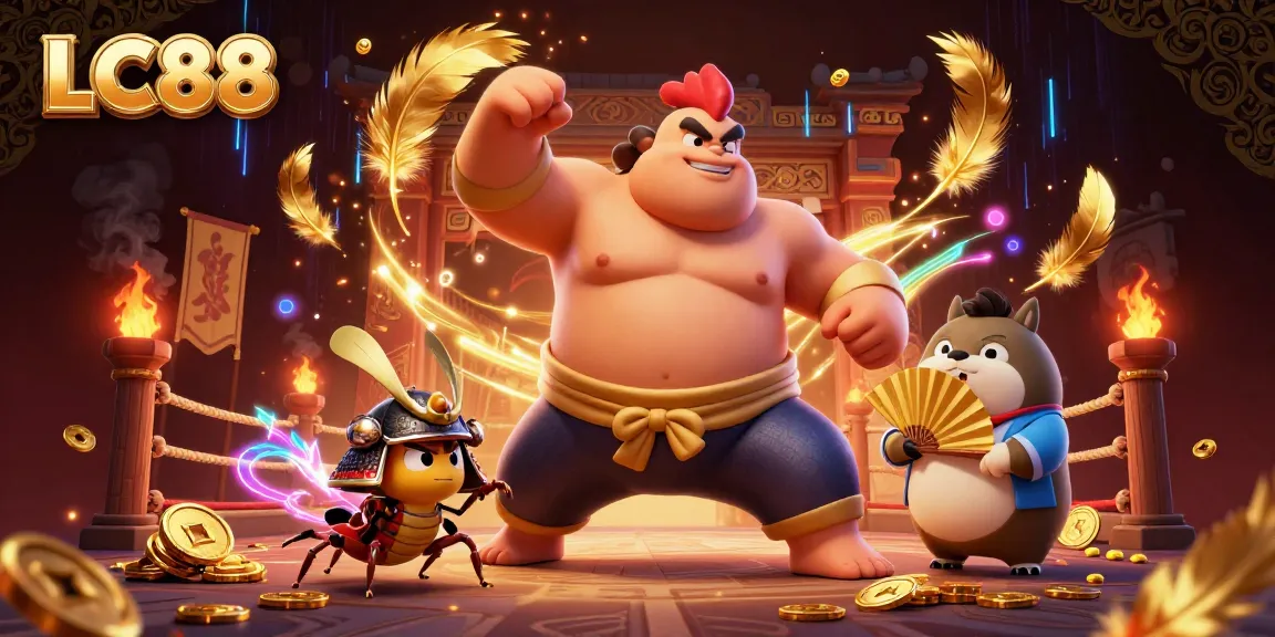 Experience thrilling gameplay with LC88 featuring a dynamic scene of a powerful sumo rooster and samurai cricket.