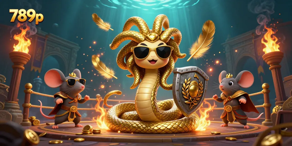 Engage with the dynamic scene of 789p featuring a friendly Medusa and a warrior mouse in a thrilling casino atmosphere.