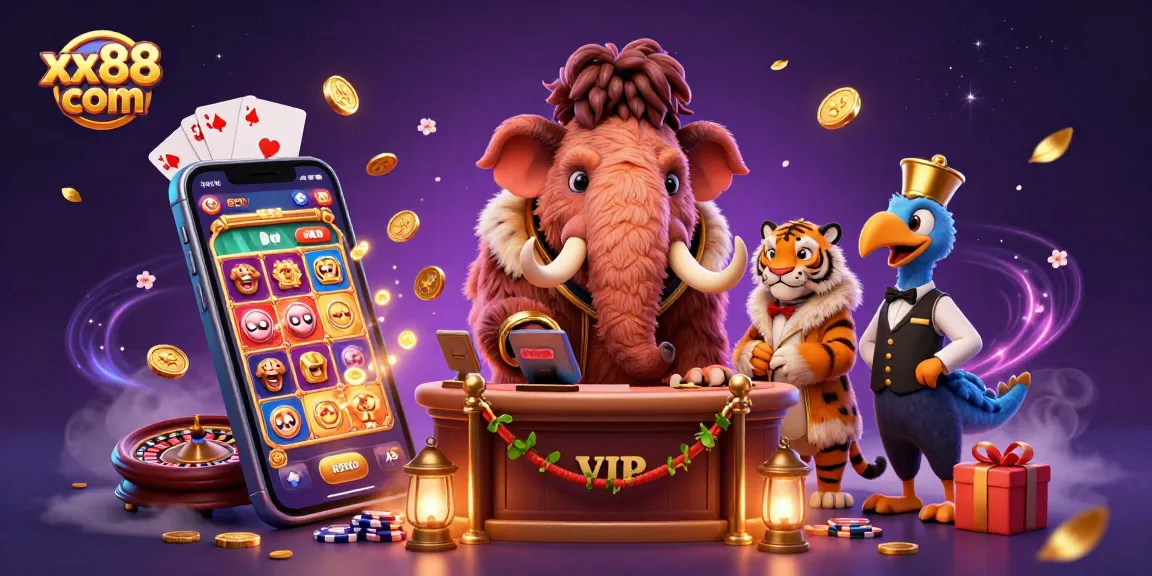Engage with xx88 com through a dynamic 3D casino scene featuring a mammoth bouncer and gaming elements.
