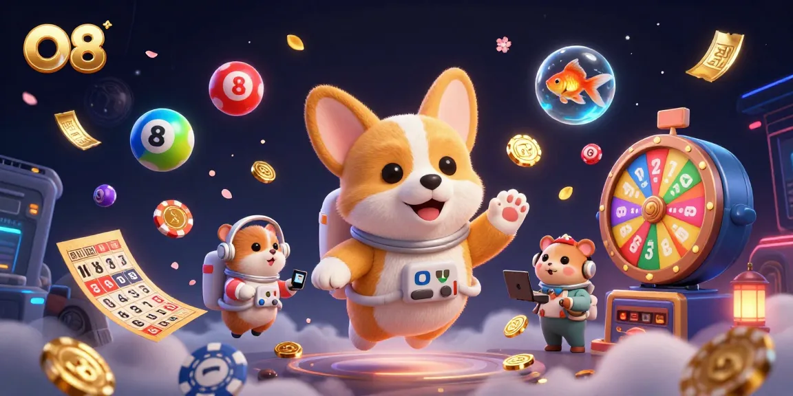 Experience O8 in a vibrant casino scene, where lottery balls and coins drift through space.