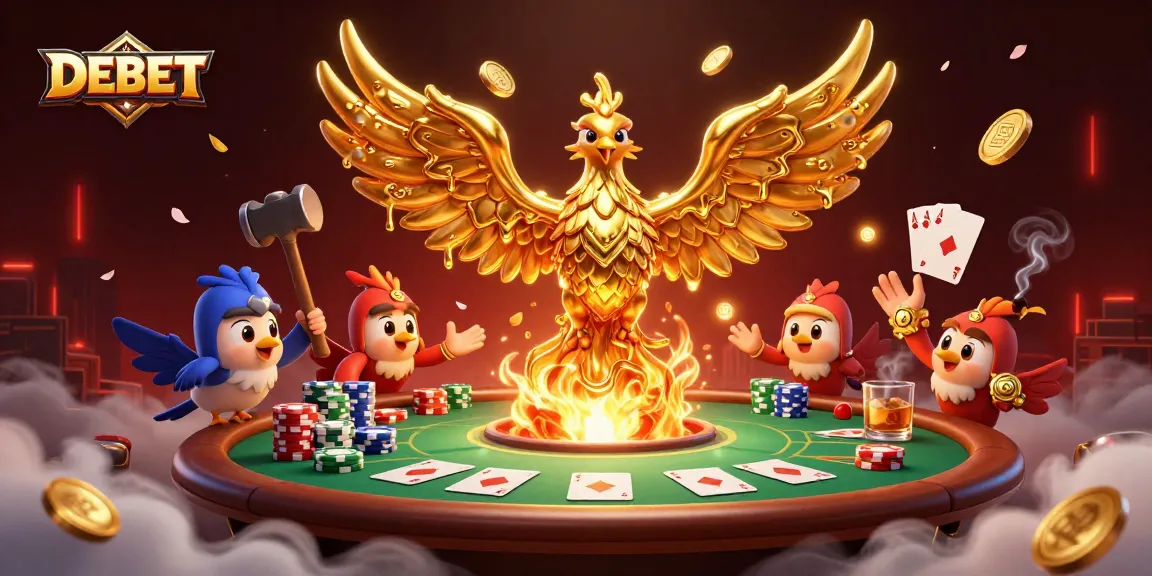 Engage with DEBET's thrilling casino experience featuring a molten golden phoenix and poker elements.