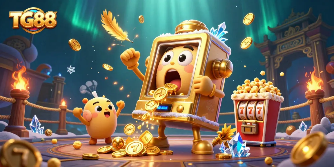 Watch TG88's golden slot machine celebrating a jackpot moment, surrounded by cheering mini slots and vibrant casino elements.