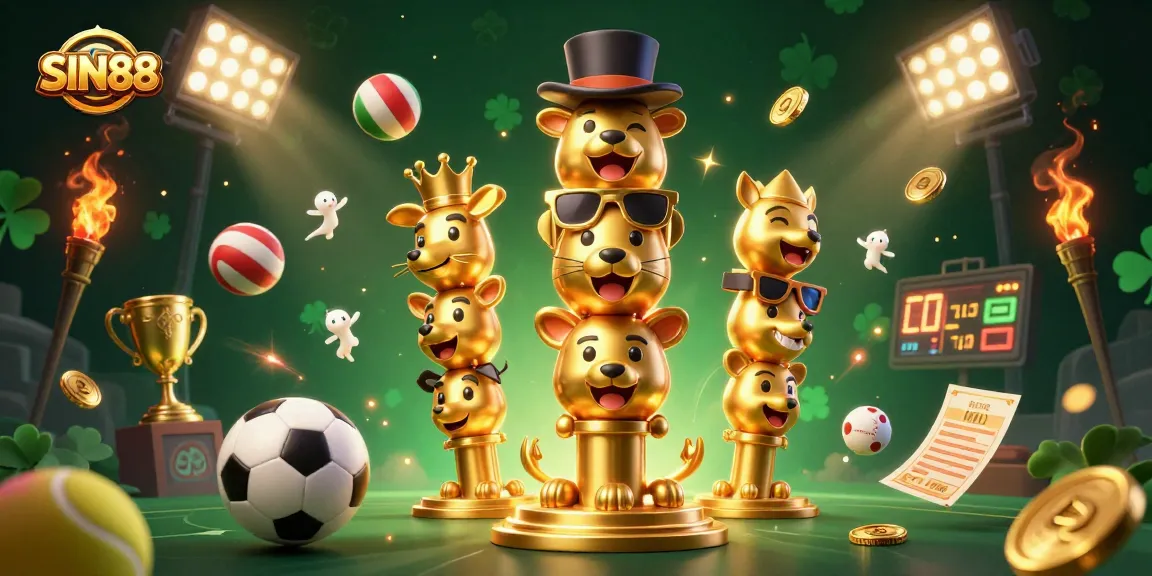 Engage with SIN88’s vibrant 3D cartoon scene full of dynamic sports betting elements and golden treasures.