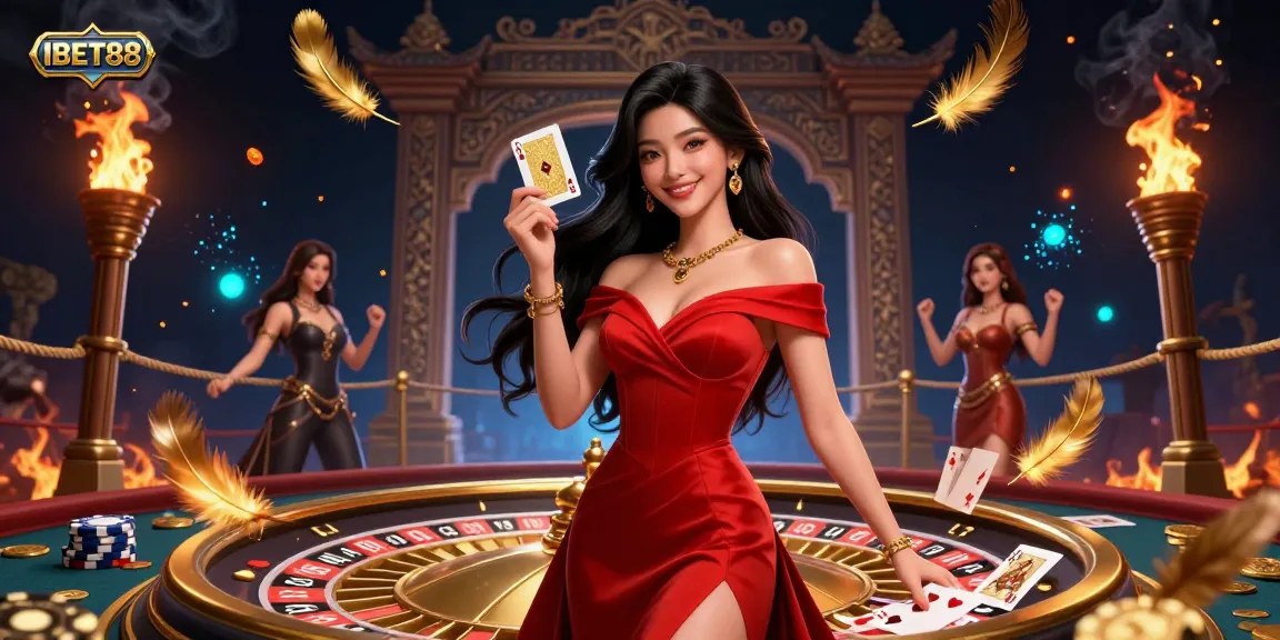 Experience the thrill of IBET88 with a glamorous Asian woman holding a golden playing card beside a roulette wheel.