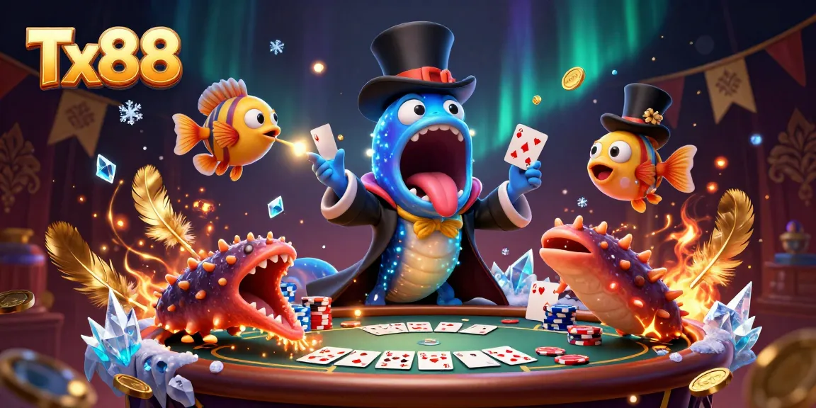 Engage with Tx88 at a vibrant casino scene featuring a magical card act and poker elements for thrilling gameplay.