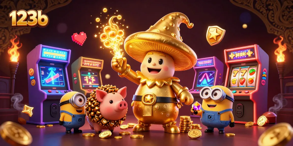 Experience the thrilling magic of 123b with golden wizard and treasure in this vibrant casino scene.